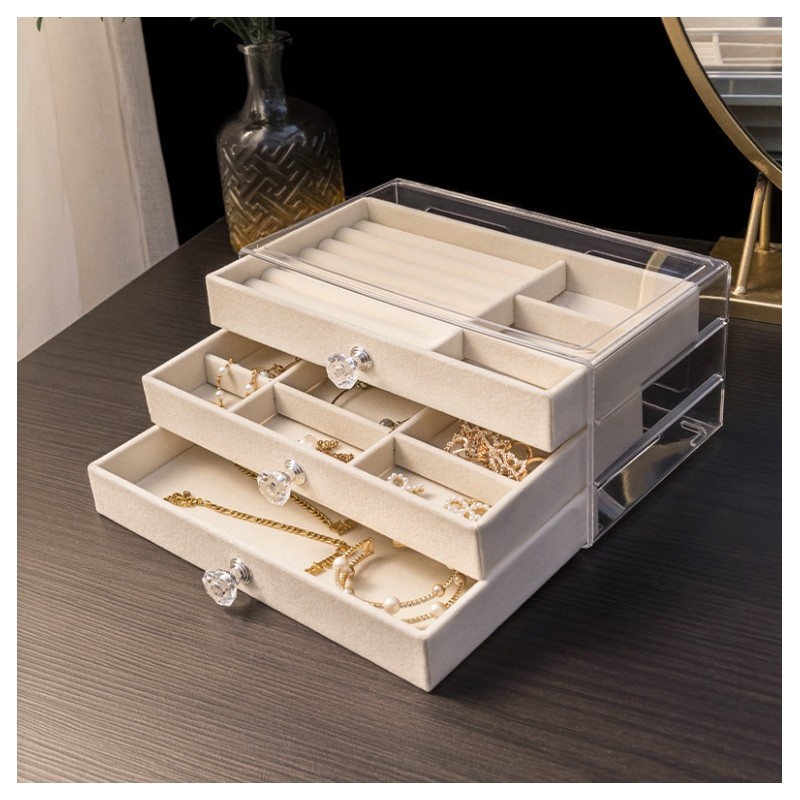 Szkatułka na biżuterię, kuferek transparentny welurowy krem Diamonds 3 szuflady PD152K - obrazek 6