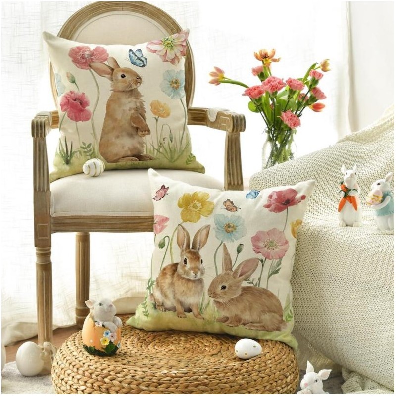 Lniana poszewka na poduszkę 45 x 45 cm motyw wiosenny Króliczek POD221 - obrazek 2