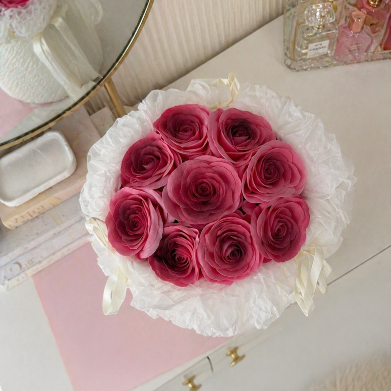 Flower box, bukiet zapachowych kwiatów mydlanych w pudełku, LED 9szt. BUK33B - obrazek 3