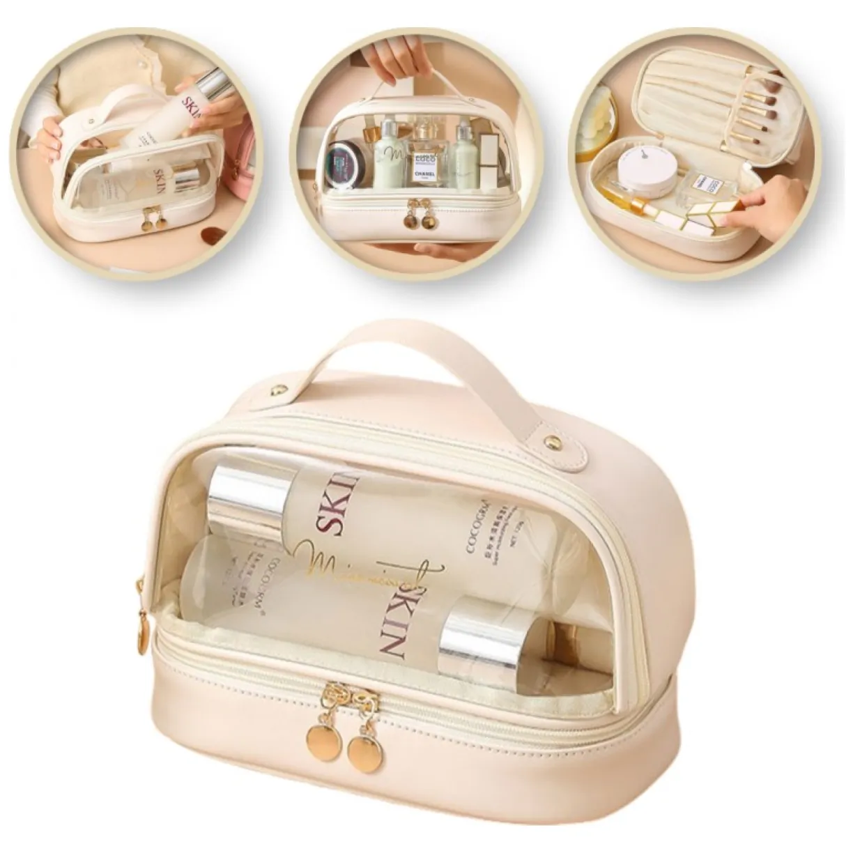 Kosmetyczka organizer na kosmetyki kremowa dwupoziomowa 23x13,5x16cm KS115B