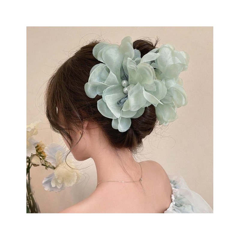 Duża kokarda tiulowa z perełkami, spinka do włosów, klamra SP323M - obrazek 3