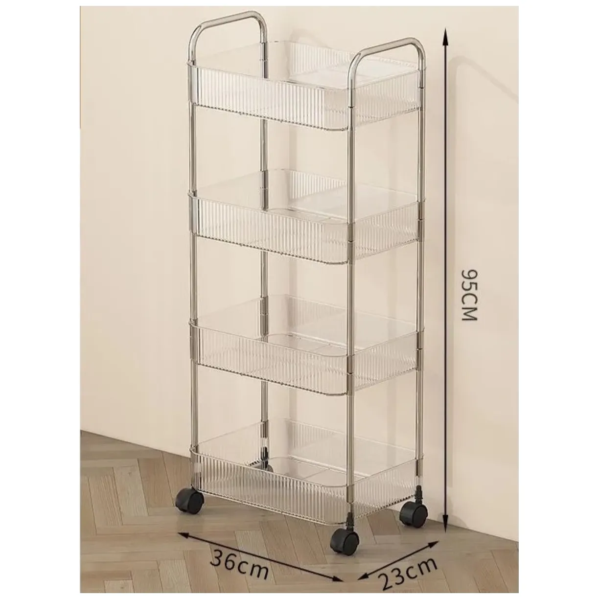 Ryflowany regał, szafka na kółkach, 4 poziomy, transparentny 36x26x95cm - obrazek 6
