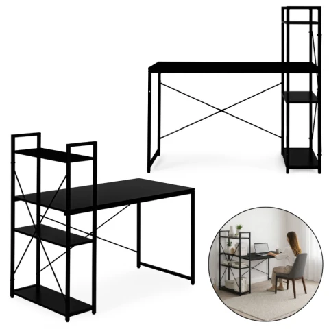 Loftowe biurko komputerowe z regałem, półkami, 120 x 60cm, czarne, czarny blat  STL24CZ
