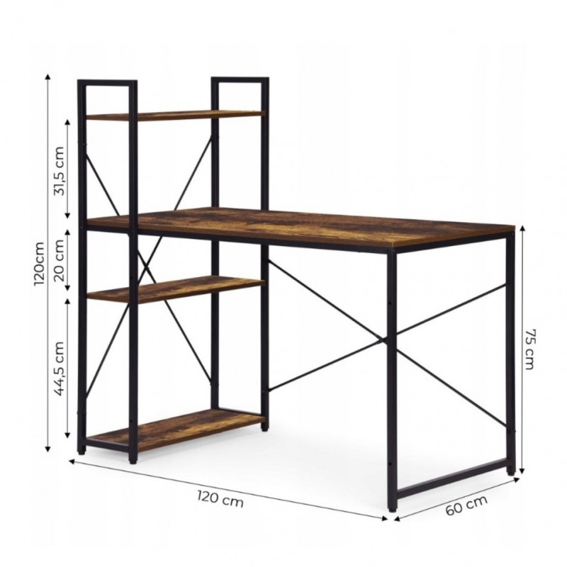 Loftowe biurko komputerowe z regałem, półkami, 120 x 60cm, czarne, czarny blat STL24CZ - obrazek 8
