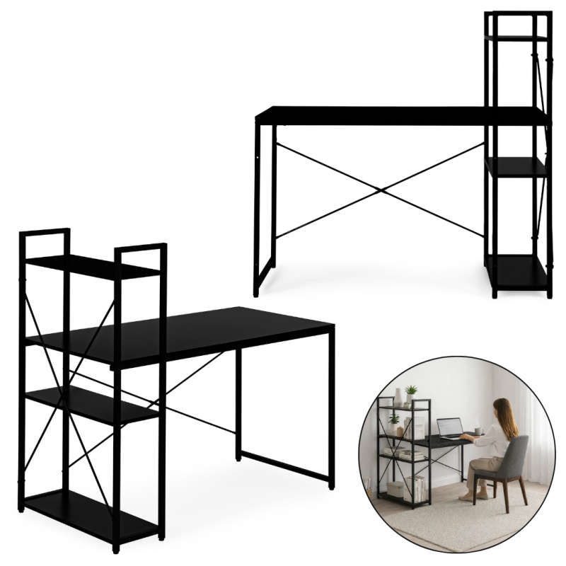 Loftowe biurko komputerowe z regałem, półkami, 120 x 60cm, czarne, czarny blat STL24CZ