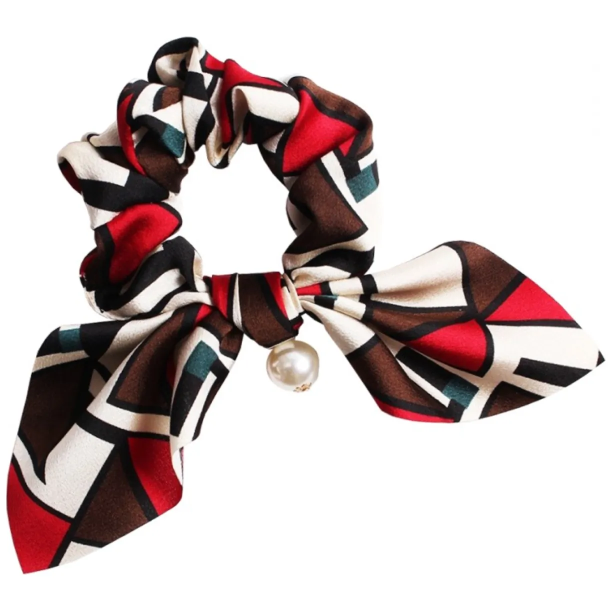 Krótka gumka scrunchie z apaszką i perełką - średnica do 12 cm