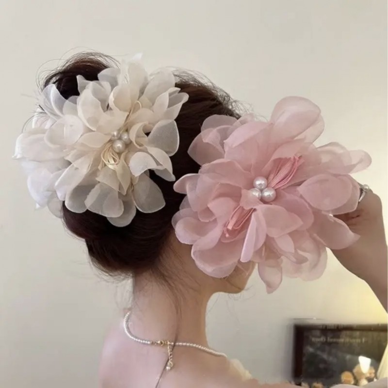 Duża kokarda tiulowa z perełkami, spinka do włosów, klamra SP323B - obrazek 6