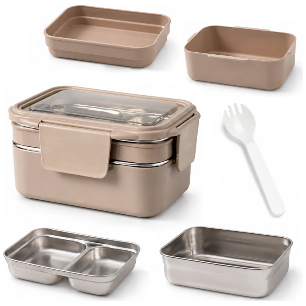 Dwupoziomowy lunch box ze stali nierdzewnej z widelcem - kremowy - obrazek 2