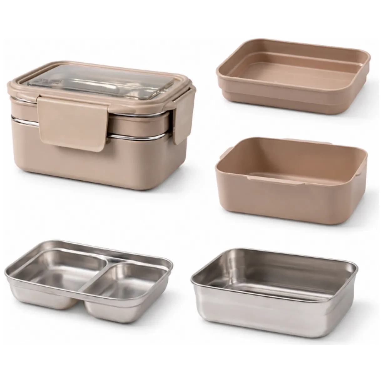 Dwupoziomowy lunch box ze stali nierdzewnej z widelcem - kremowy - obrazek 10