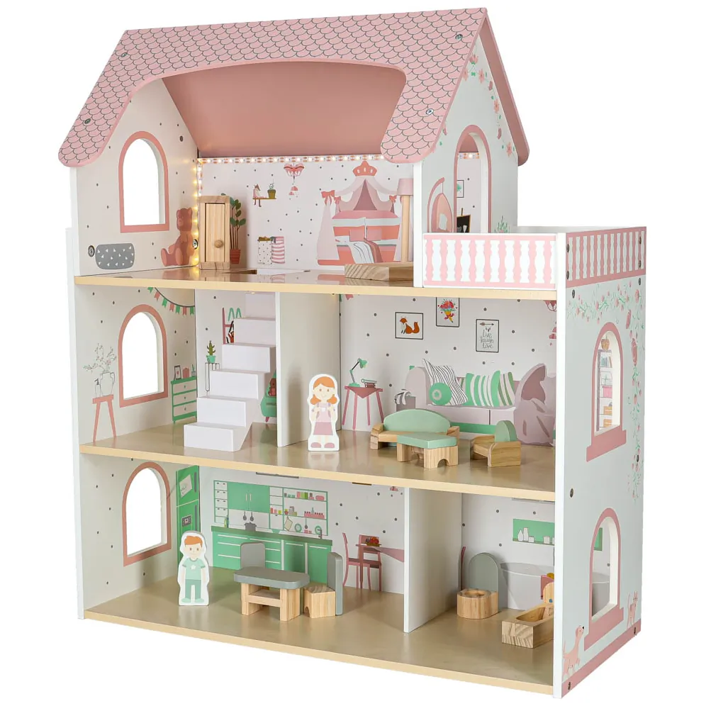 Drewniany domek dla lalek różowy z balkonem, LED i mebelkami - obrazek 12