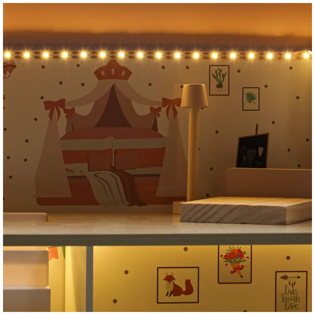 Drewniany domek dla lalek różowy z balkonem, LED i mebelkami - obrazek 14