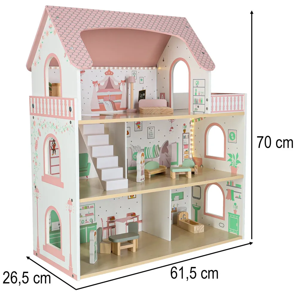 Drewniany domek dla lalek różowy z balkonem, LED i mebelkami - obrazek 17