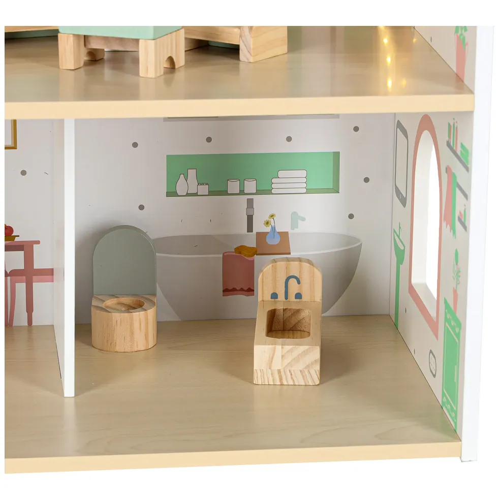 Drewniany domek dla lalek różowy z balkonem, LED i mebelkami - obrazek 4