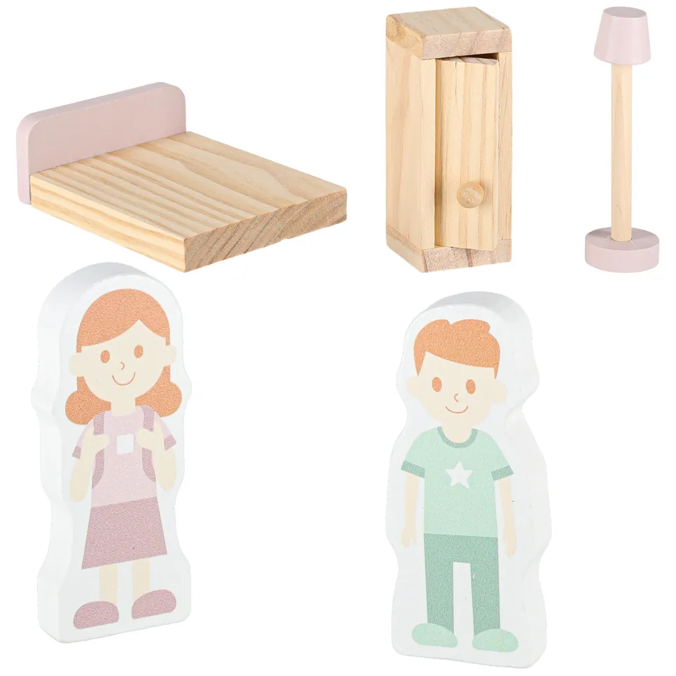 Drewniany domek dla lalek różowy z balkonem, LED i mebelkami - obrazek 6