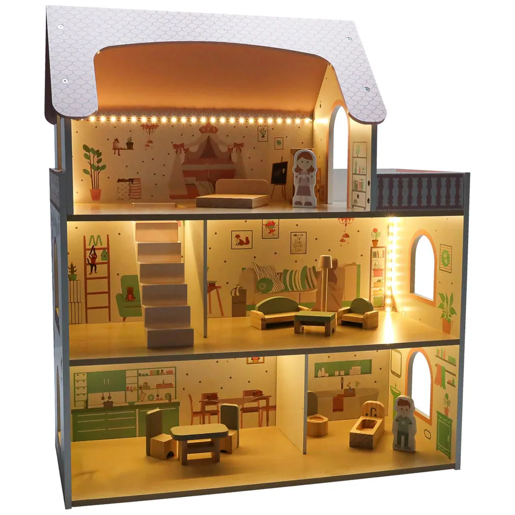 Drewniany domek dla lalek różowy z balkonem, LED i mebelkami - obrazek 8