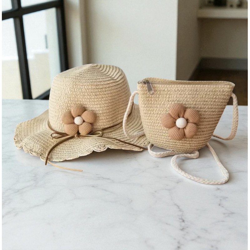 ZESTAW torebka i kapelusz 52cm dla dziewczynki słomiane KWIAT CZ55 - obrazek 3