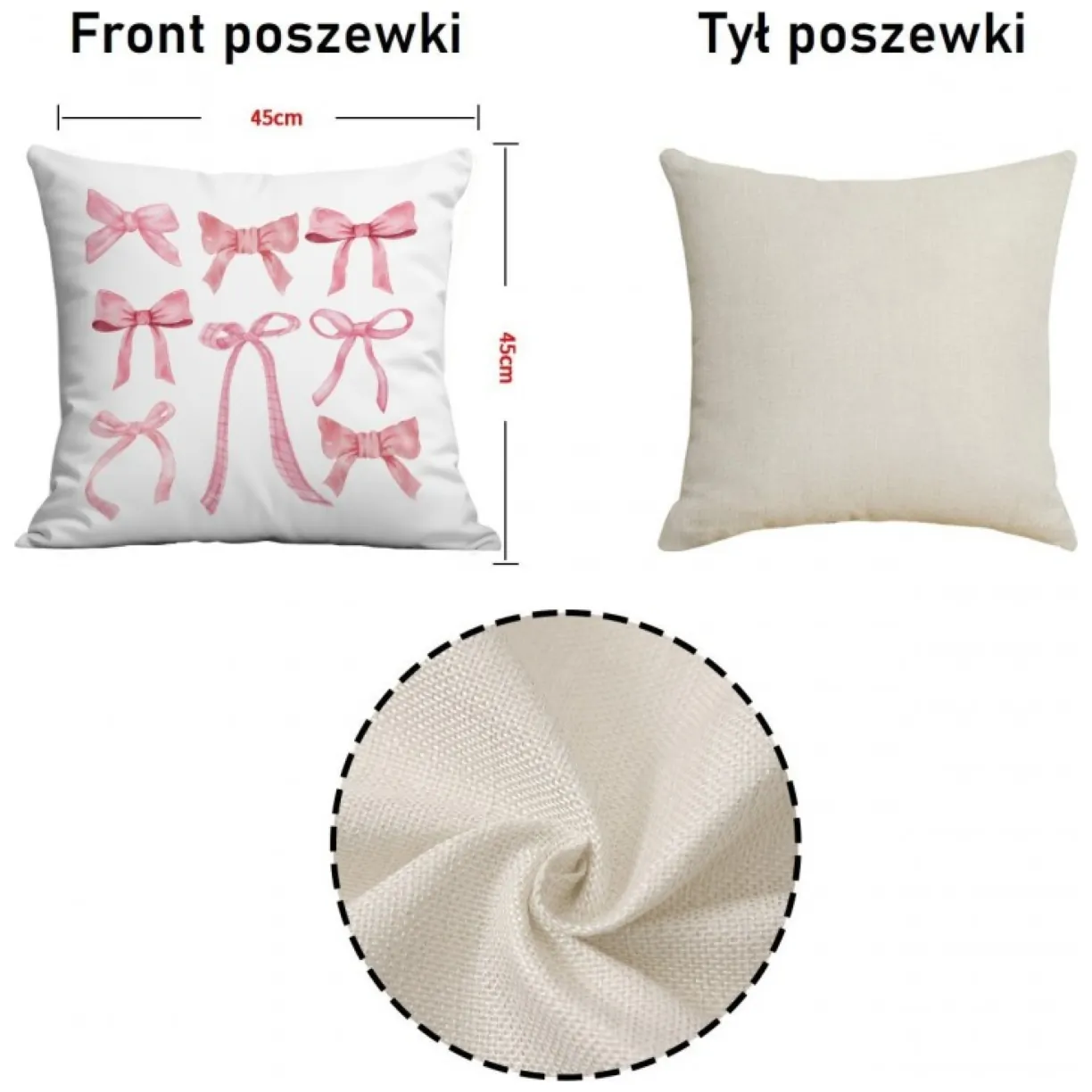 Poszewka na poduszkę 45 x 45 cm biała, KOKARDKI różowe POD230 - obrazek 3