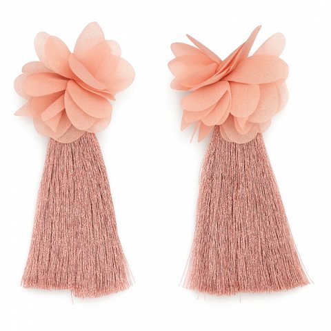 Kolczyki sztyft, tiulowy KWIAT, frędzle róż K884