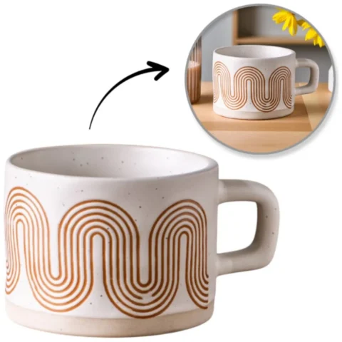Kubek ceramiczny w geometryczny wzór retro, biało-brązowy, 250 ml, matowy