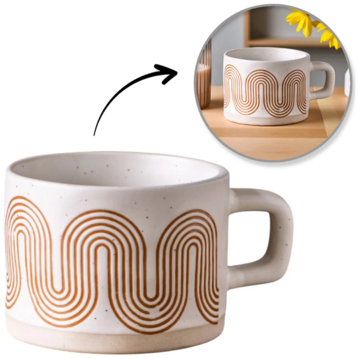 Kubek ceramiczny w geometryczny wzór retro, biało-brązowy, 250 ml, matowy
