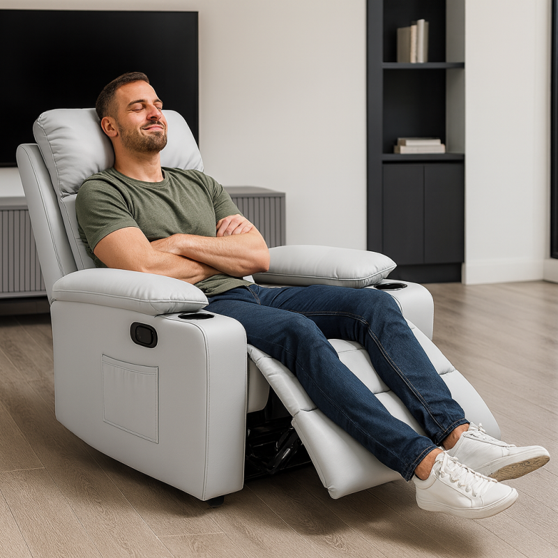 Fotel, sofa rozkładana jednoosobowa VERO z uchwytem na napój, ekoskóra szary SOF01SZ - obrazek 2