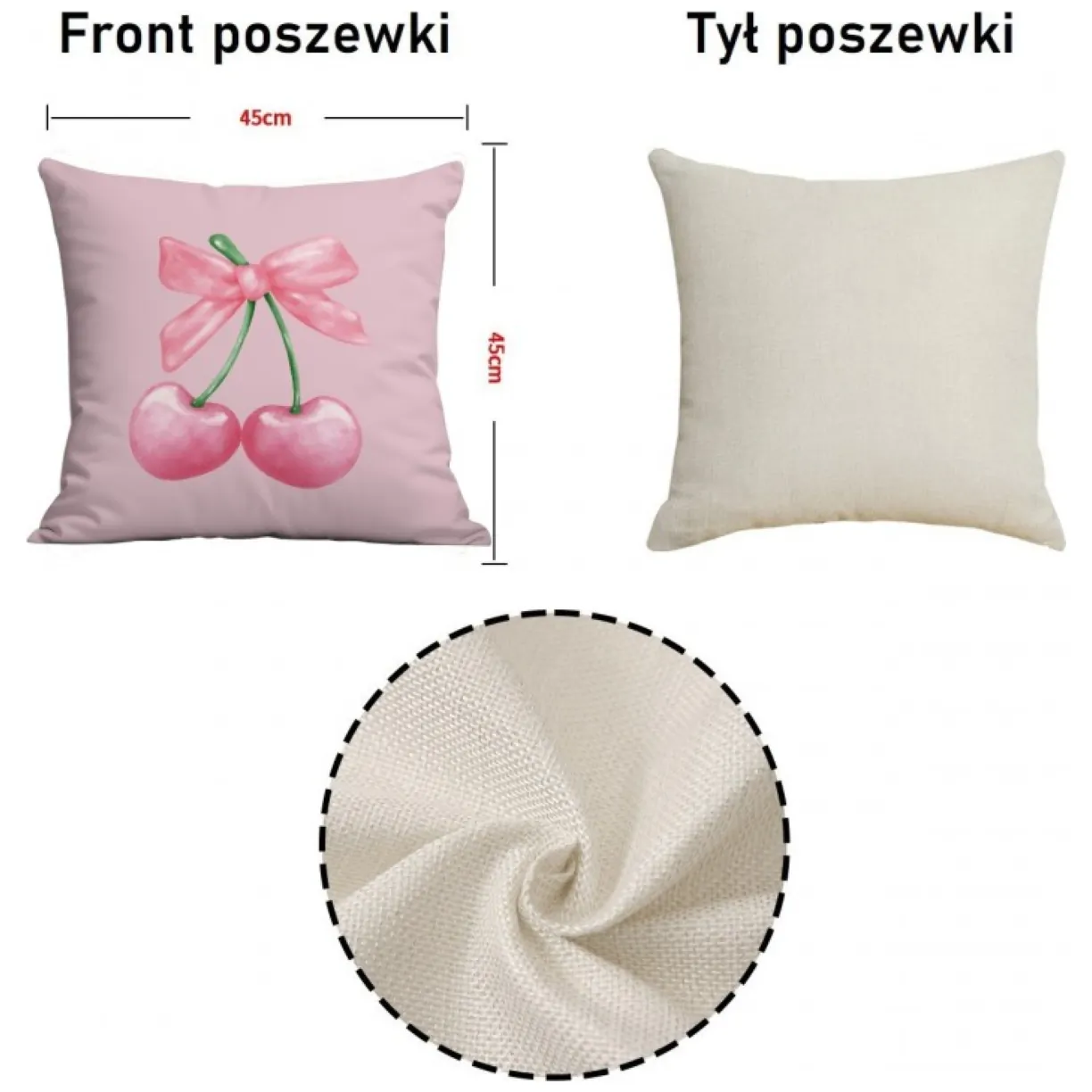 Poszewka na poduszkę 45 x 45 cm WIŚNIE i KOKARDA różowa POD229 - obrazek 3