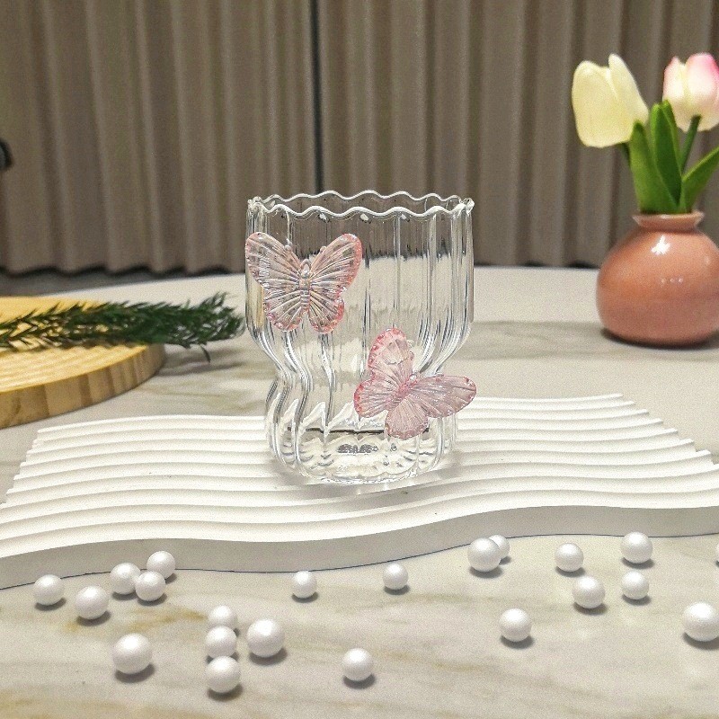 Szklanka ryflowana, z falowanymi ściankami, MOTYLKI róż 260 ml 1szt SZK161 - obrazek 3