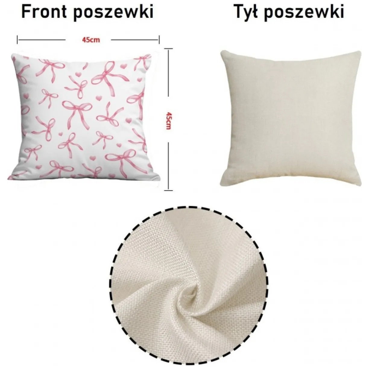 Poszewka na poduszkę 45 x 45 cm biała, KOKARDKI różowe POD228 - obrazek 4