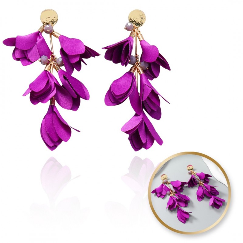 Kolczyki wiszące, efektowne tiulowe kwiat, fioletowe K1705 - obrazek 2