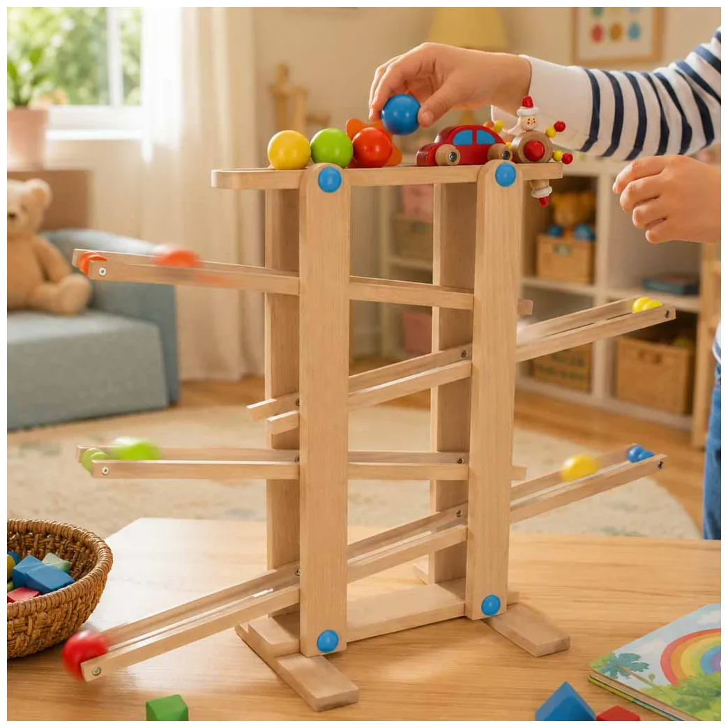Drewniany tor kulkowy Montessori XXL - kulodrom z autkiem i kulkami edukacyjny - obrazek 11