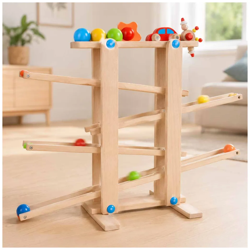 Drewniany tor kulkowy Montessori XXL - kulodrom z autkiem i kulkami edukacyjny - obrazek 12