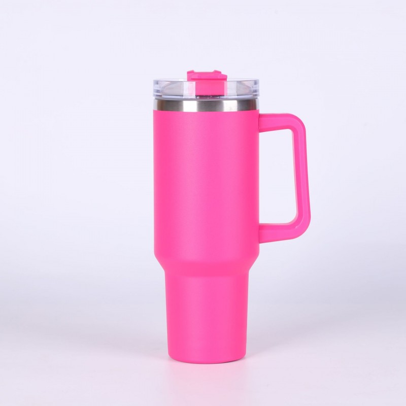 DUŻY POJEMNY KUBEK TERMICZNY Z UCHWYTEM i słomką TERMOS 1L RÓŻOWY CUP10 - obrazek 4