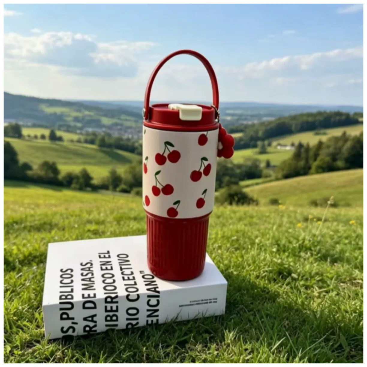 Kubek termiczny z uchwytem i ustnikiem, czerwony w wisienki 750ml BD57 - obrazek 4