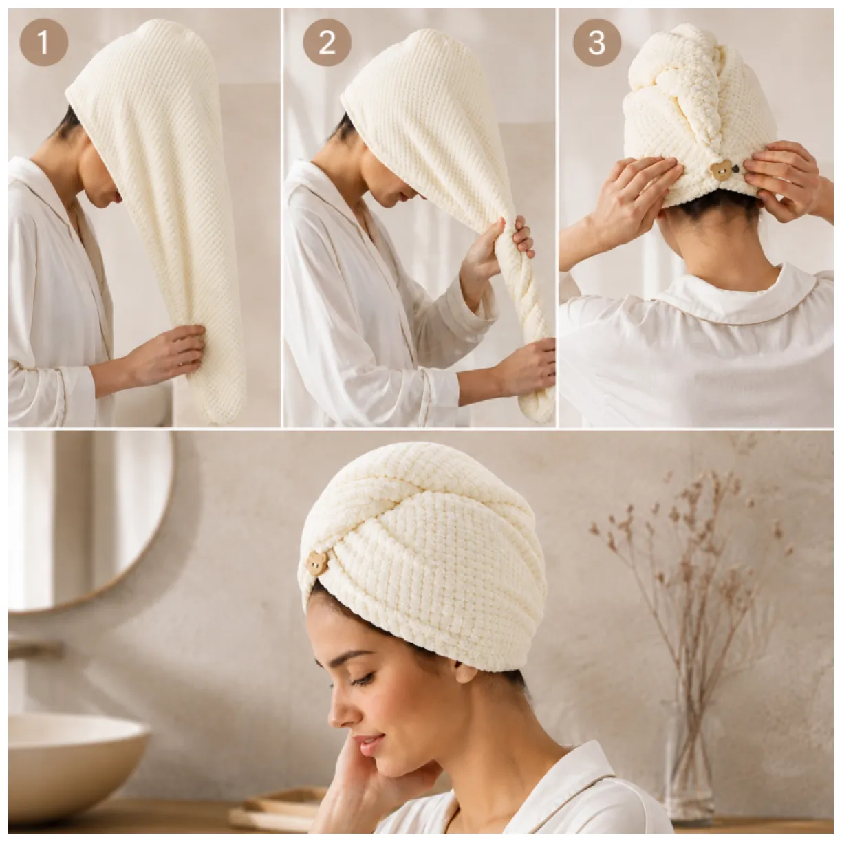 Biały turban z mikrofibry do włosów - bardzo chłonny ręcznik kapturek - obrazek 8