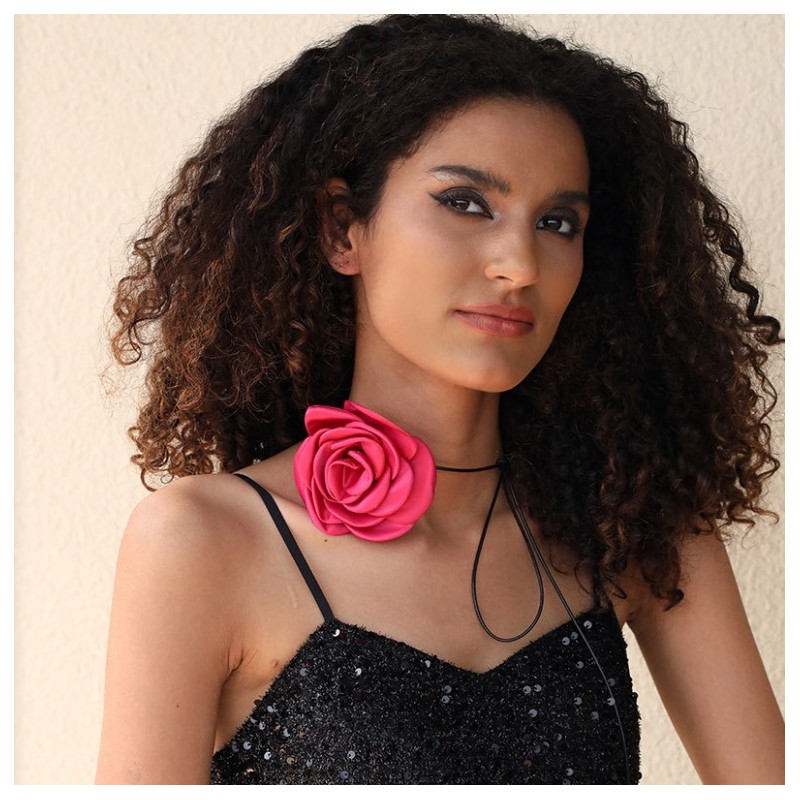 Naszyjnik choker XL ozdobny kwiat na szyję róża na rzemyku elegancki Fuksja N761F - obrazek 2