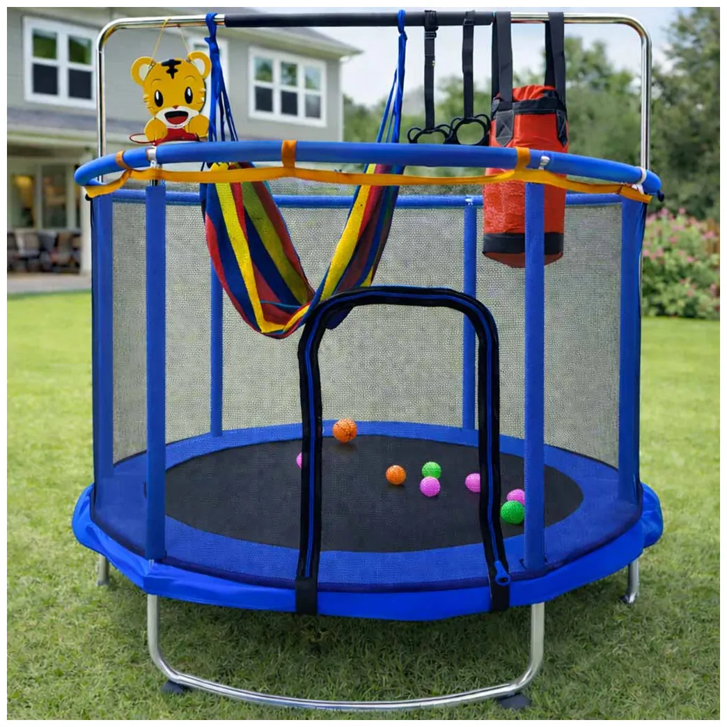 Trampolina ogrodowa z siatką i koszykówką dla dzieci 155cm niebieska - obrazek 6