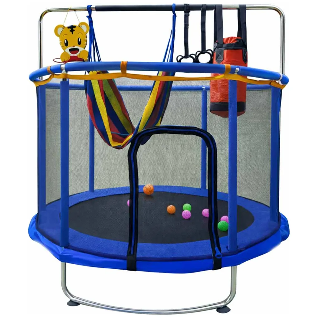 Trampolina ogrodowa z siatką i koszykówką dla dzieci 155cm niebieska - obrazek 7