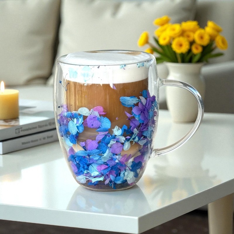 Szklanka termiczna z kwiatami w środku, gipsówka hortensje róż 300 ml 1szt SZK195 - obrazek 2