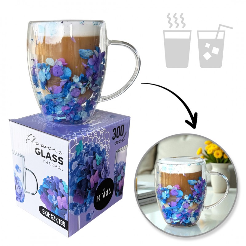 Szklanka termiczna z kwiatami w środku, gipsówka hortensje róż 300 ml 1szt SZK195