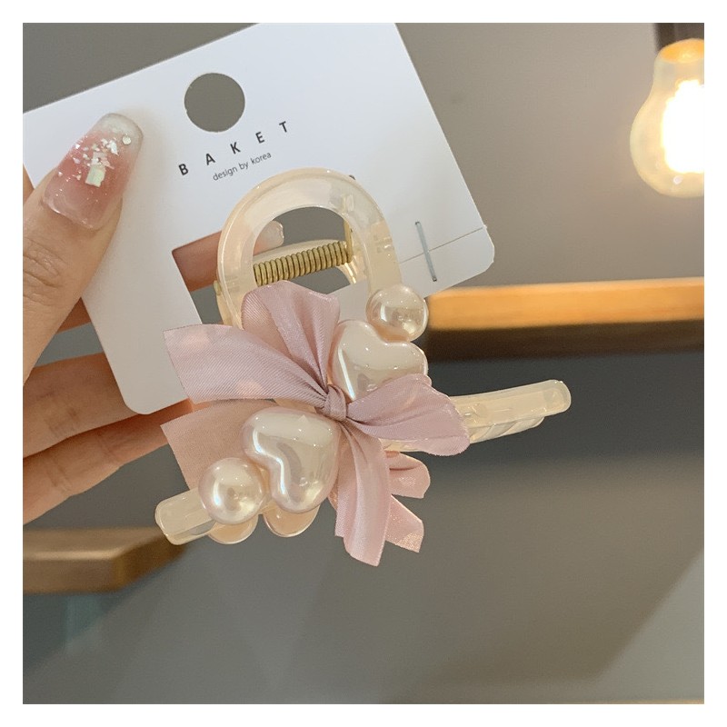 Spinka klamra do włosów XL kokarda i perłowe SERCA róż 8x6cm SP372 - obrazek 2