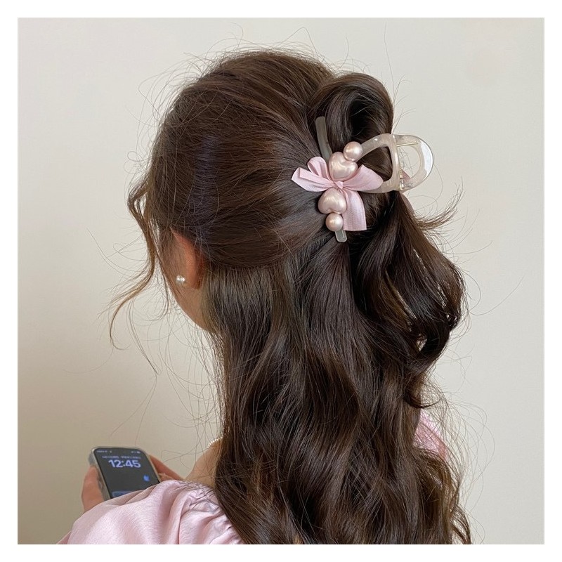 Spinka klamra do włosów XL kokarda i perłowe SERCA róż 8x6cm SP372 - obrazek 4