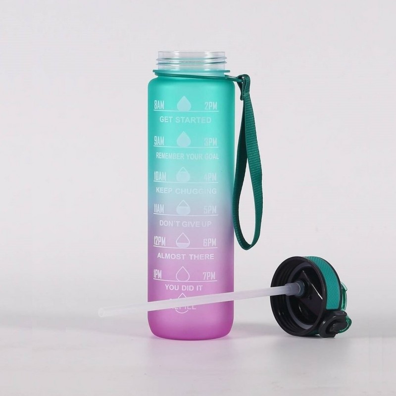 Butelka na wodę, bidon z miarką i słomką 1L OMBRE Zieleń z Różem BD19 - obrazek 2