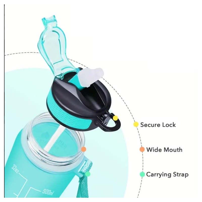 Butelka na wodę, bidon z miarką i słomką 1L OMBRE Zieleń z Różem BD19 - obrazek 3