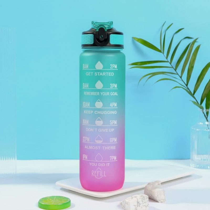 Butelka na wodę, bidon z miarką i słomką 1L OMBRE Zieleń z Różem BD19 - obrazek 5