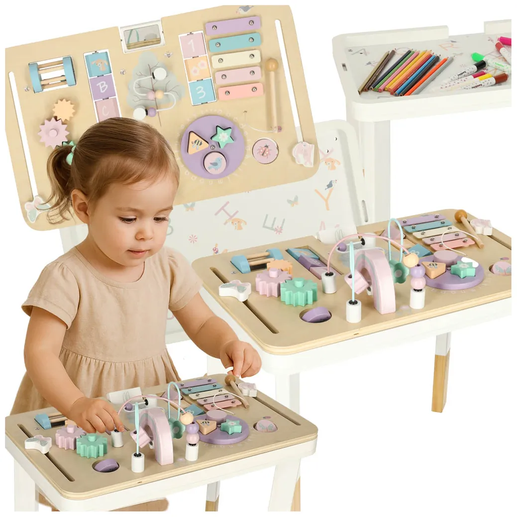 Tablica manipulacyjna LULILO LUDO stolik drewniany sensoryczny 2w1 różowy - obrazek 12