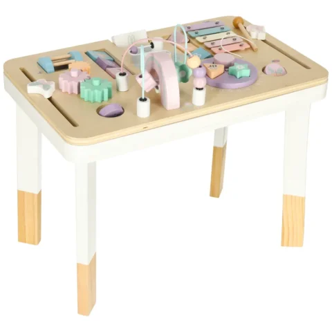 Tablica manipulacyjna LULILO LUDO stolik drewniany sensoryczny 2w1 różowy