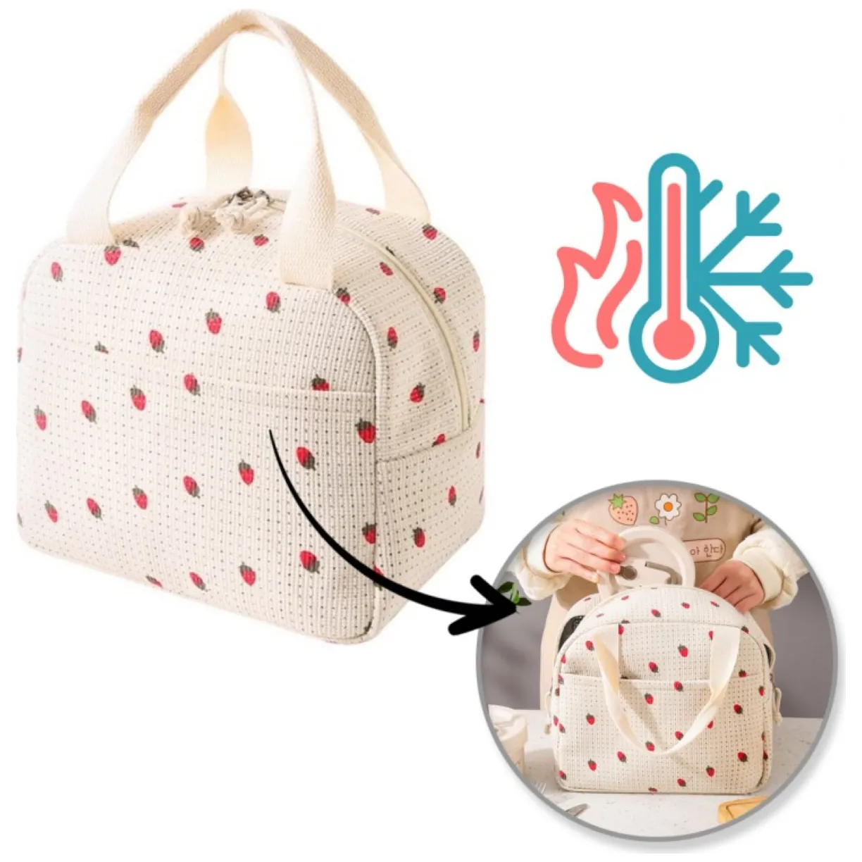 Torba termiczna do przenoszenia żywności LUNCH BOX truskawki 26x21x18cm PJM42