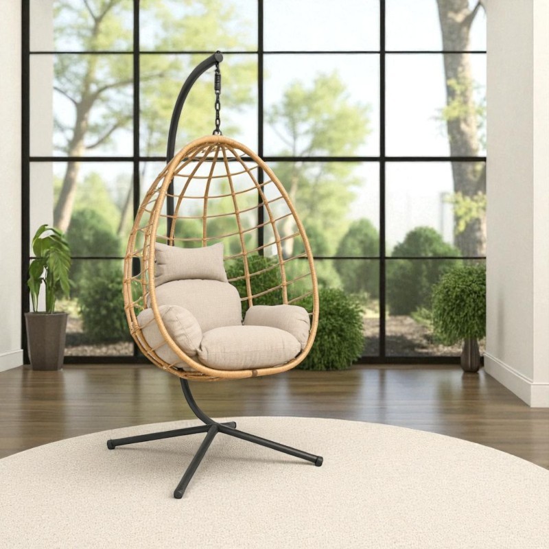 Fotel wiszący huśtawka, kokon składany brązowy z beżowymi poduszkami KR37BR - obrazek 4