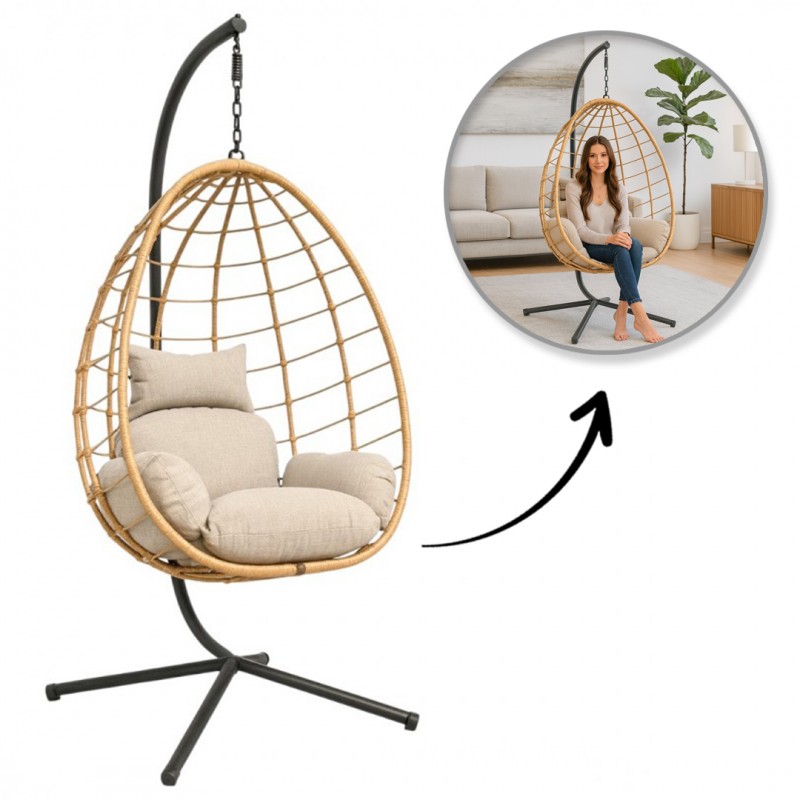 Fotel wiszący huśtawka, kokon składany brązowy z beżowymi poduszkami KR37BR