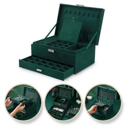 Szkatułka na biżuterię kuferek etui organizer butelkowa zieleń PD119